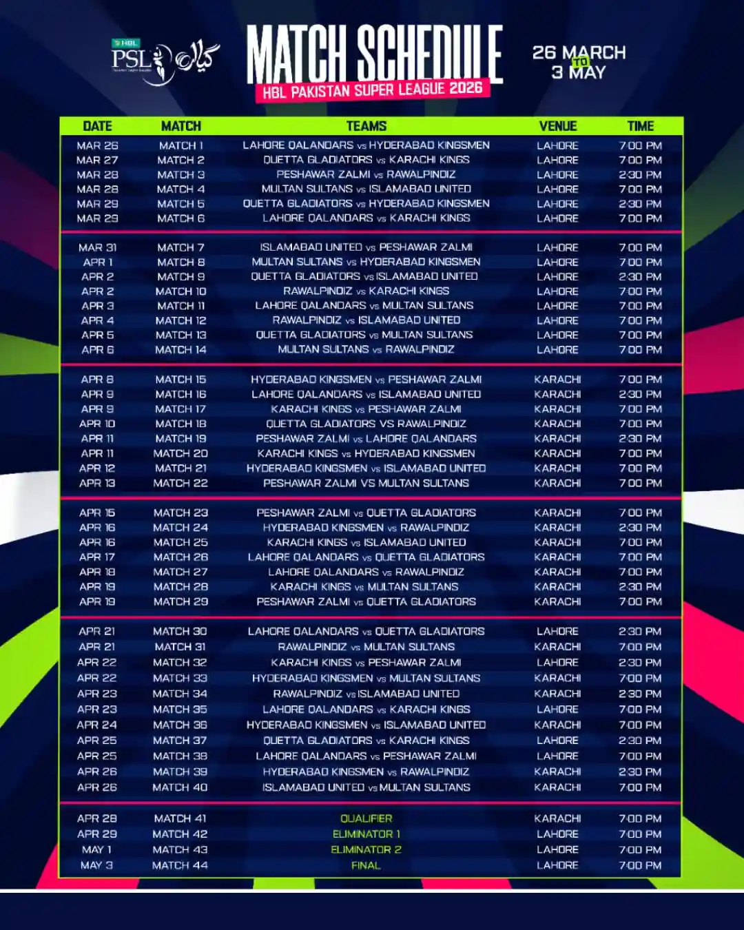 PSL Schedule 2026 season 11 