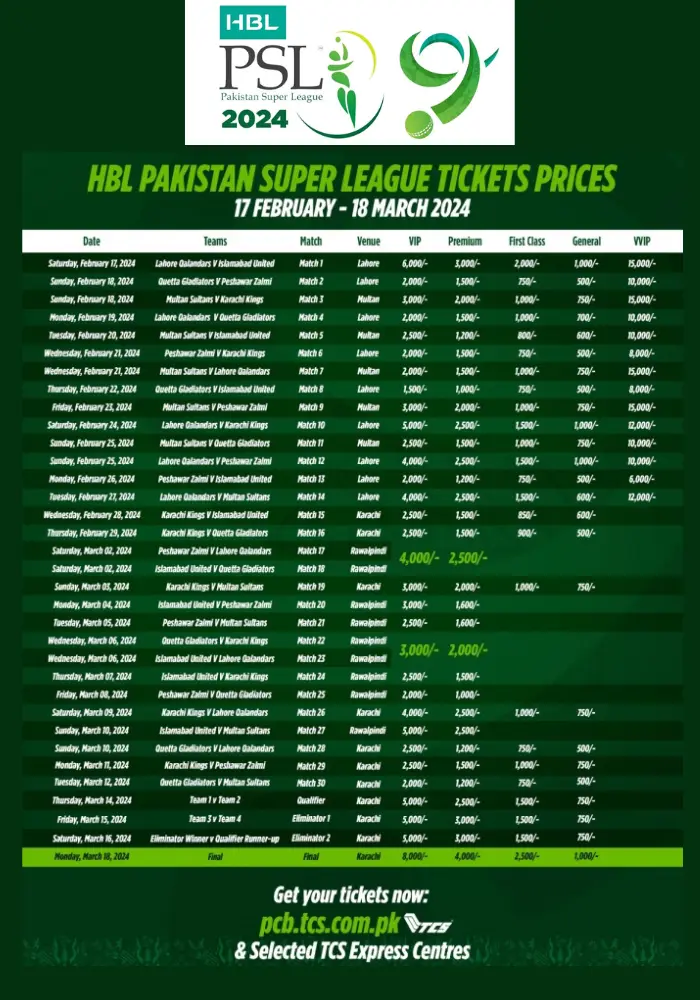 PSL Tickets 2025 Online Price TCS Bookme Tickets Booking