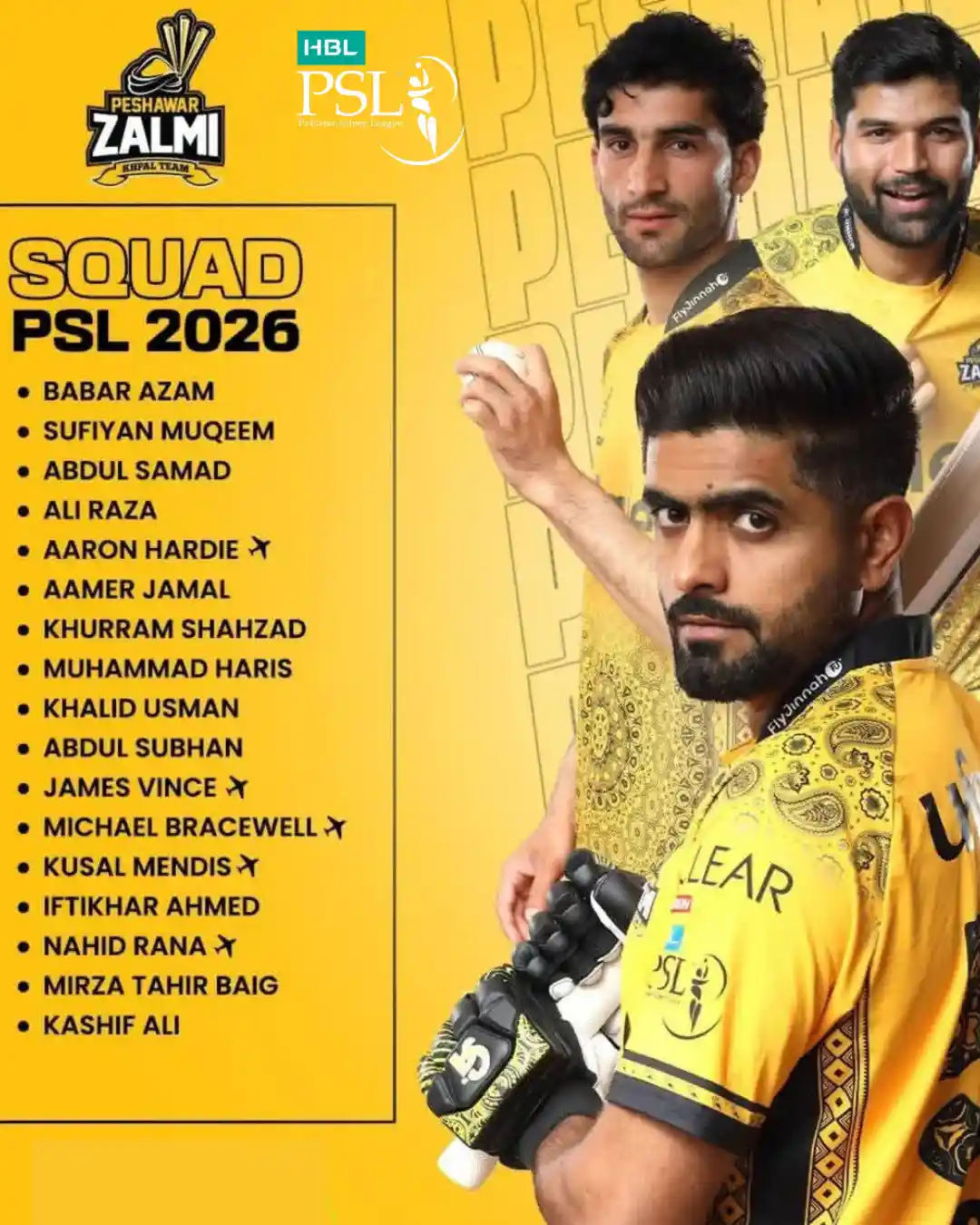 Peshawar Zalmi Complete Squad for PSL 11 2026