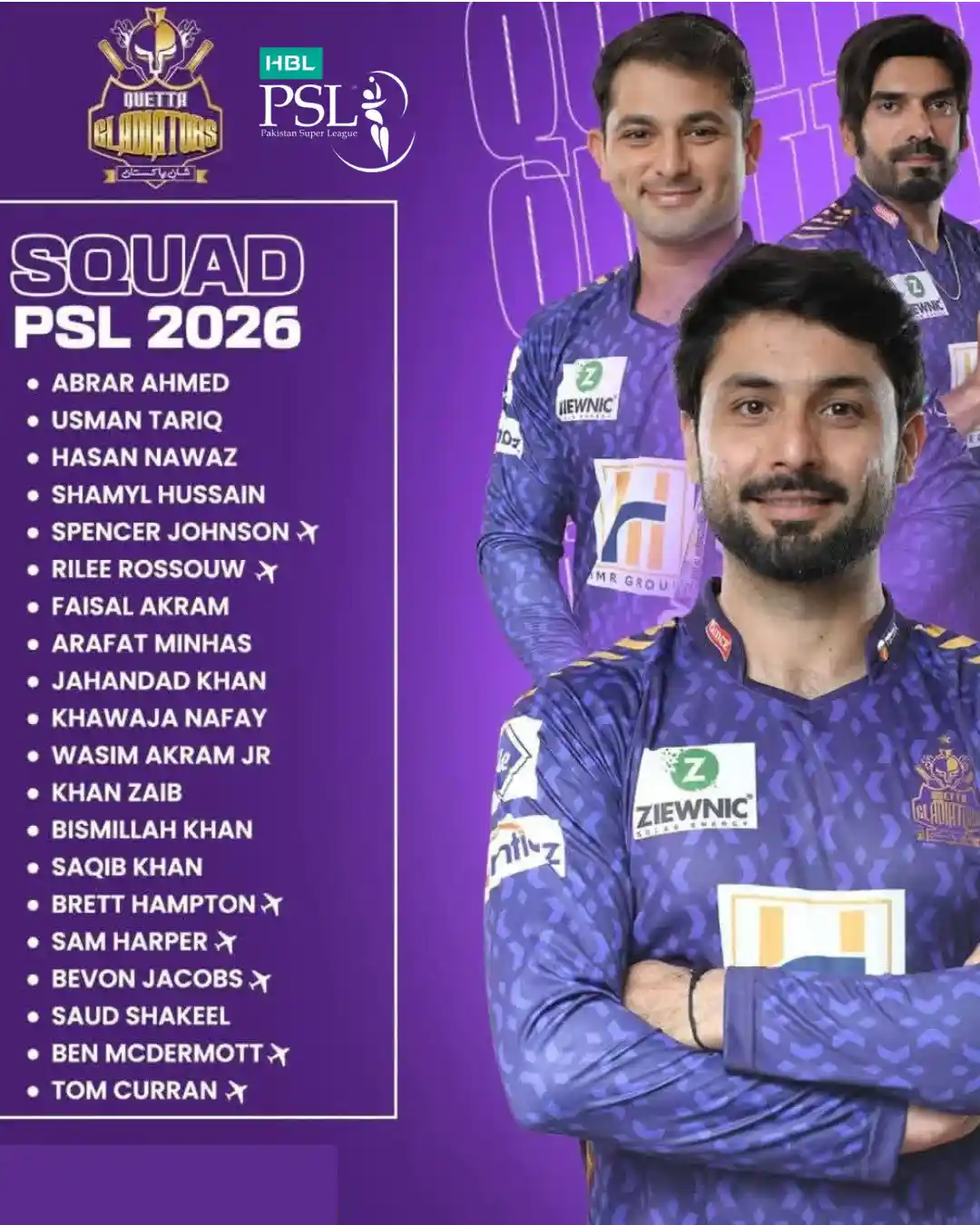 Quetta Gladiators Complete Squad for PSL 11 2026
