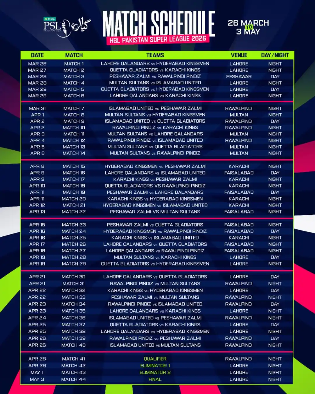 PSL Schedule 2026 season 11 